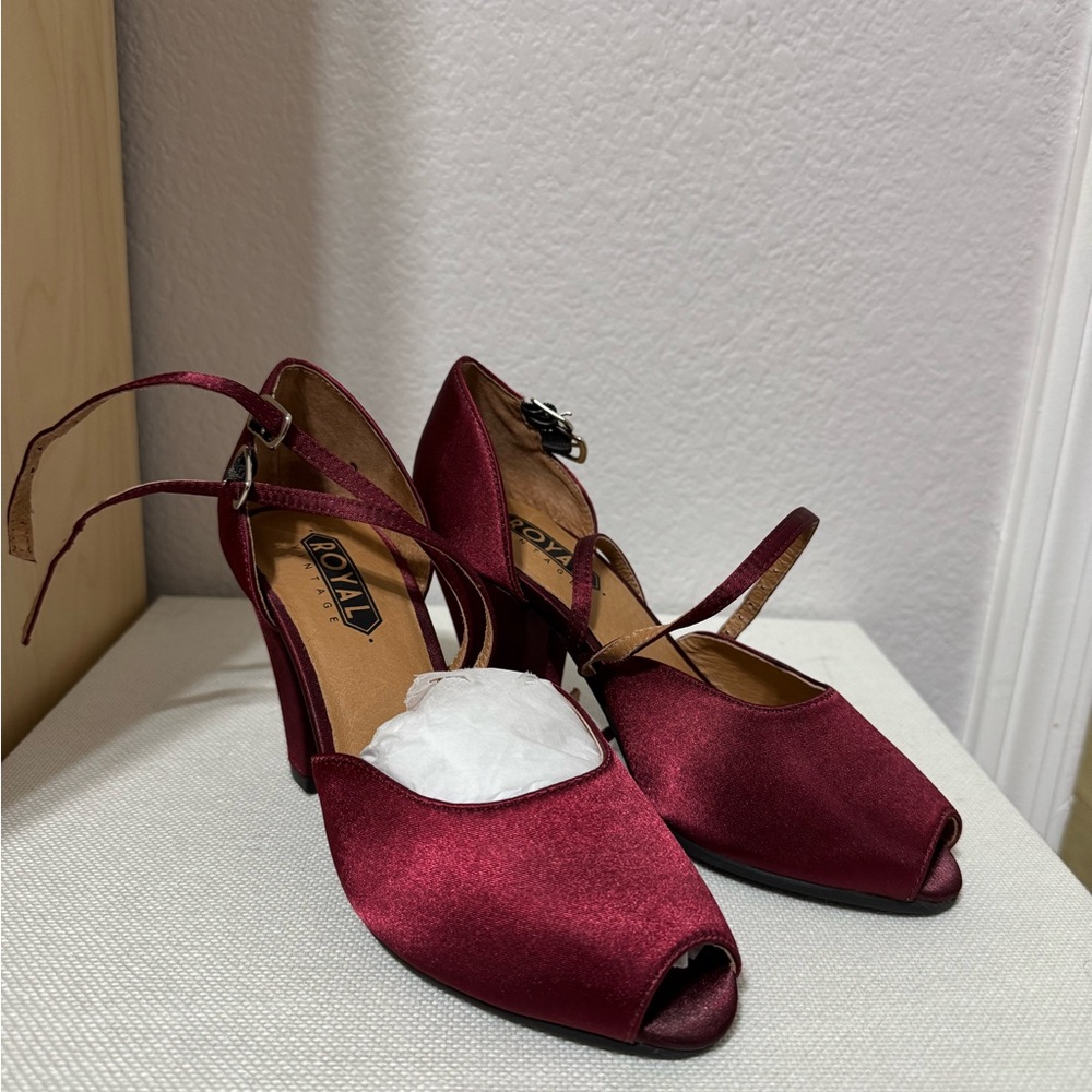 Burgundy Satin Peep-Toe Heels American Duchess / Royal Vintage